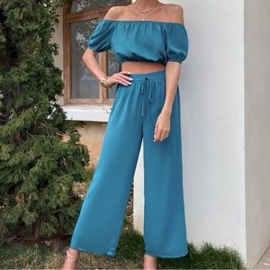 Off Shoulder Crop Top & Knot Front Wide Leg Pants